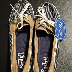 Keds Ortholite boat shoes in a navy, white, and tan striped canvas US 6 Womens